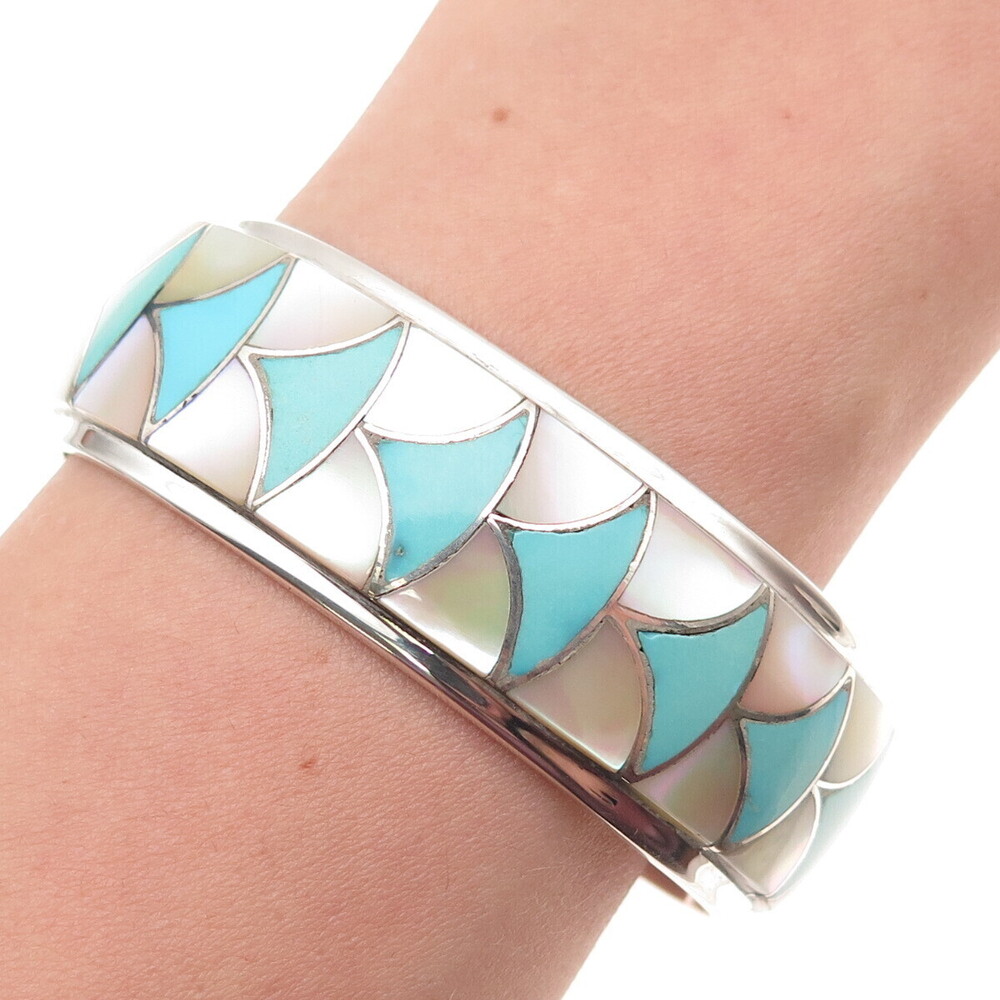 Orlinda Natewa Zuni Old Pawn Sterling Turquoise & MOP Adjustable Bracelet 6.25"